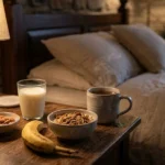 خوراکیهای مفید برای خواب بهتر مانند بادام، شیر، موز و غلات کامل روی میز کنار تخت