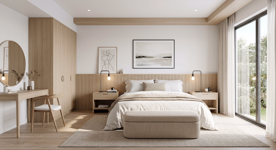 اجزای تشکیل‌دهنده سرویس خواب شامل تخت خواب، پاتختی، میز آرایش، آینه، صندلی، کمد و نیمکت پایین تخت