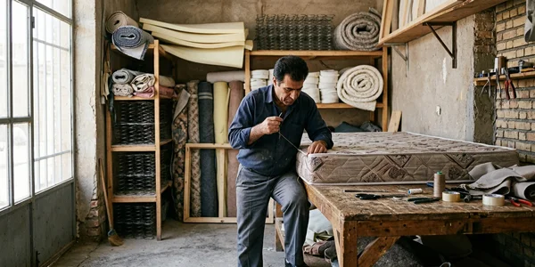 نمای واقعی از یک کارگاه کوچک تولید تشک با فضای مرتب و تولید دستی