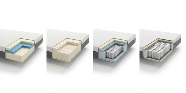 انواع تشک طبی شامل مموری فوم، لاتکس طبیعی، هیبریدی و فنر پاکتی با نمای برش داخلی لایهها در کنار یکدیگر