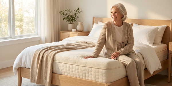 سالمند نشسته بر لبه تشک طبی ارتوپدیک – تشک مناسب کاهش فشار بر مفاصل و بهبود گردش خون