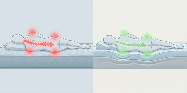 مقایسه تشک طبی ارتوپدیک و تشک معمولی – سمت راست ساپورت صحیح ستون فقرات و توزیع یکنواخت فشار، سمت چپ فشار متمرکز بر شانه و لگن